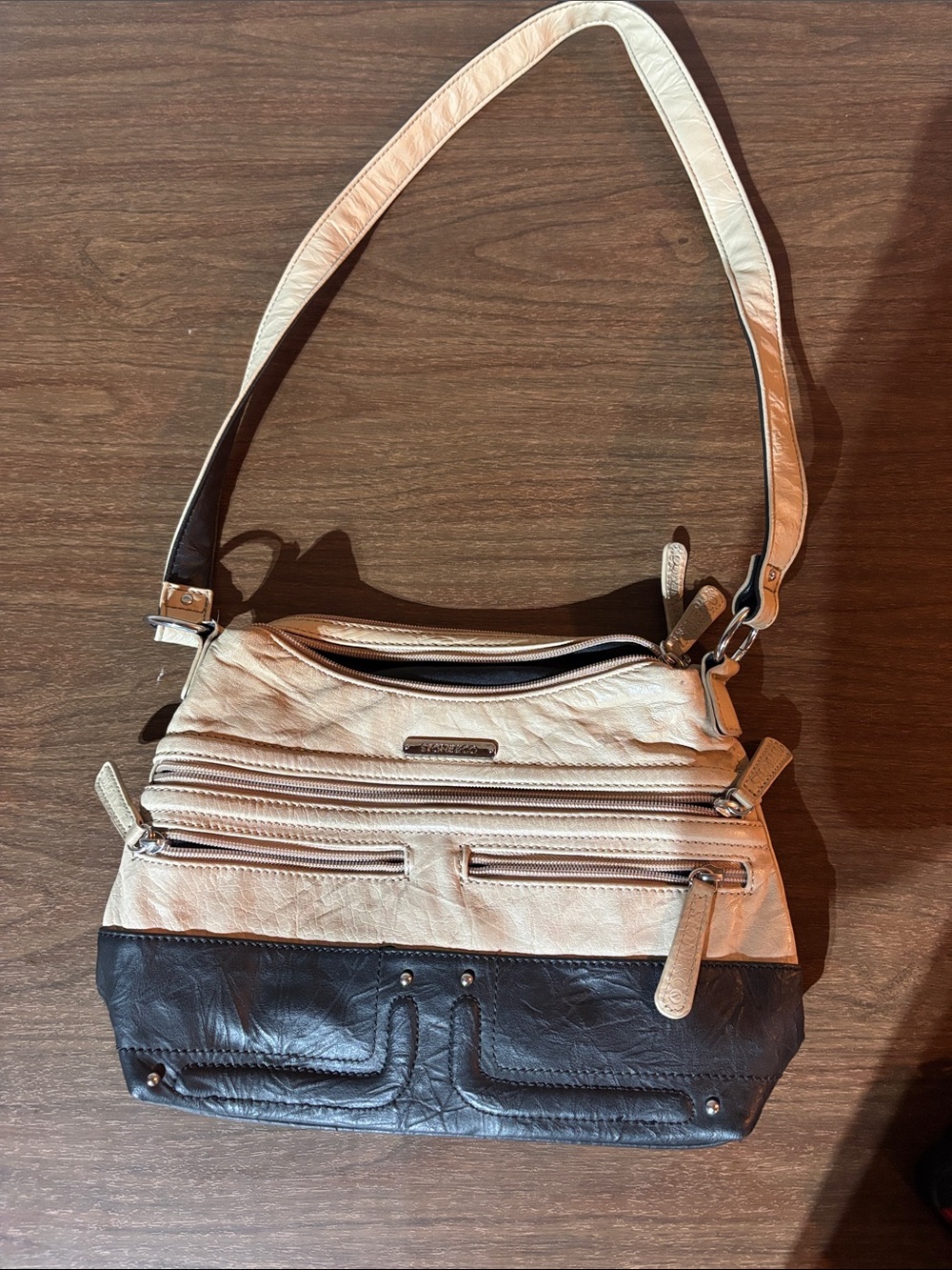 Stone & Co. Cream and Black Two-Tone Shoulder Bag with Zip Fronts